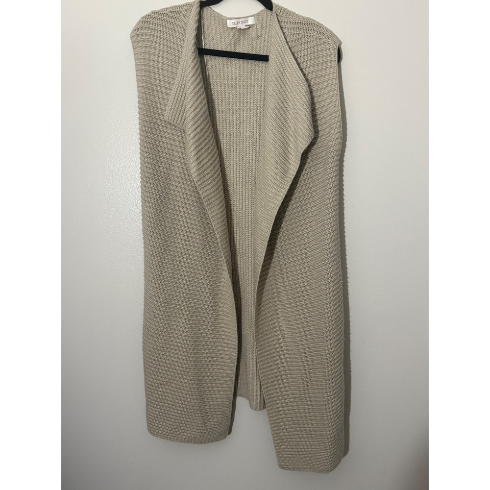 Ellen Tracy Duster Cardigan Sleeveless Knit Sweater Vest Tan Beige M